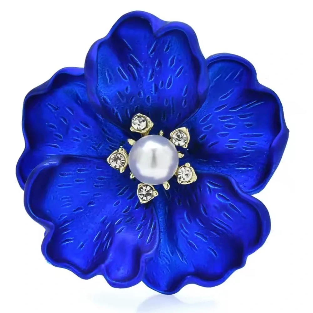 Royal Blue Floral Blossom Pearl Crystal Brooch
